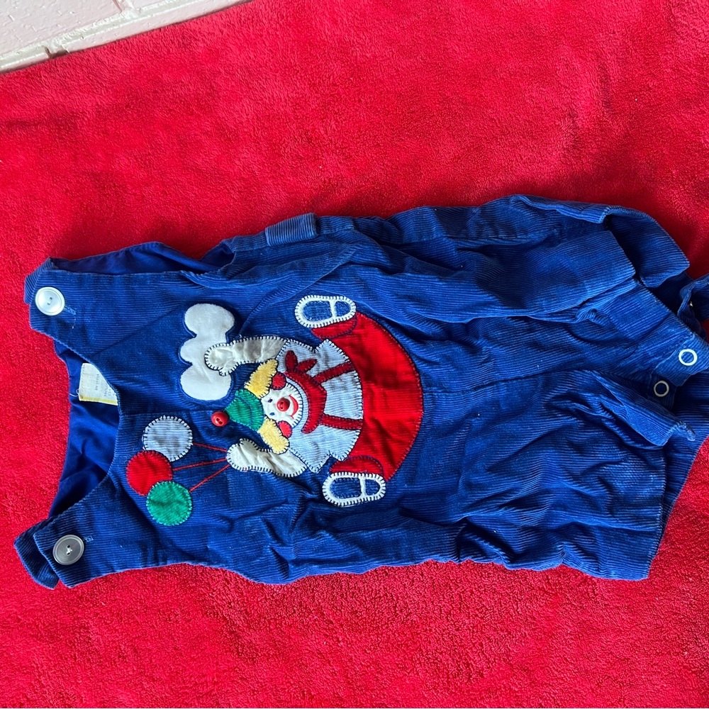 Blue Corduroy Baby Romper with Clown Design 1990s Overalls